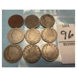 Nine U.S. Liberty Head 'V' Nickels