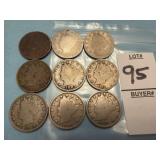 Nine U.S. Liberty Head 'V' Nickels