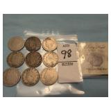 Nine U.S. Liberty Head 'V' Nickels