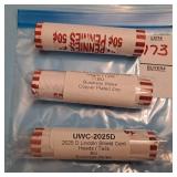 2 rolls UWC 2025 P Lincoln shield cent,BU