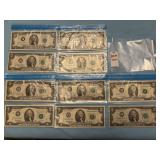 Ten U. S. two-dollar Federal Reserve Note