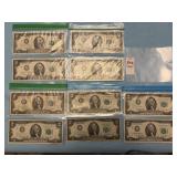 Ten U. S. two-dollar Federal Reserve Note