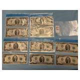 Ten U. S. two-dollar Federal Reserve Note