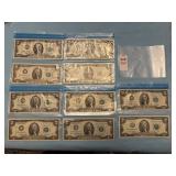 Ten U. S. two-dollar Federal Reserve Note
