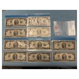 Ten U. S. two-dollar Federal Reserve Note