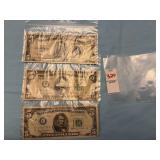 One $5 U.S. Silver Certificate, two unspecified