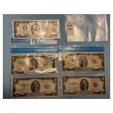 Four 1953, red seal U. S. Two-Dollar Legal Tender
