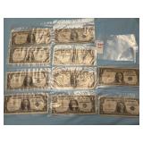 Ten $1 U.S. Silver Certificate with a blue