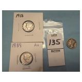 1919, 1938 & 1939 U.S. Mercury Dimes