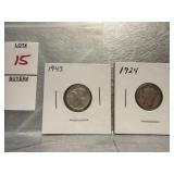 1924, 1943 Mercury Dimes