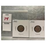 Two 1943 Mercury Dimes
