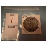 1937 U.S. Walking Liberty silver half dollar