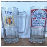 Budweiser and Miller Lite beer mugs, 8"