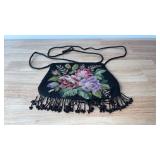 Vintage Black Floral Needlepoint Crossbody Purse