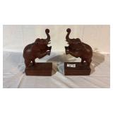 Carved Wooden Elephant Book Ends Marked 10 Inch