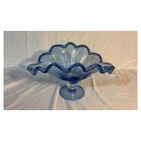 Blue Fluted Glass Centerpiece Bowl 16 Inches Long