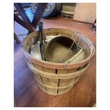 2 vintage bushel baskets with misc pots and pans