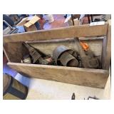 Vintage wooden tool box full of misc tools