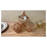 Pink Glass Candy Dish, Lidded Jar, and Creamer