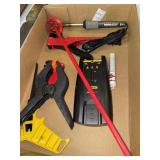 Flat of misc tools - stud finder, wire cutters