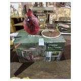 Window bird feeder, wooden cardinal and sign
