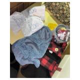 Lot of dog clothes, shoes, bowl and Crewlala