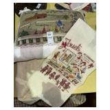 Cross stitch pillow, embroidery piece and cream