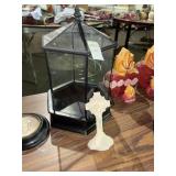 Plaster crucifix and H Potter sided terrarium