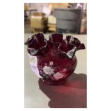 Fenton Roses On Ruby Red Ruffled Rim Rose Bowl