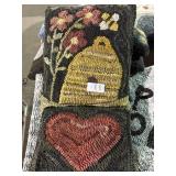 Primitive folk-art bee hive and heart hand-hooked