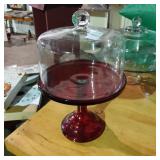 9-1/4" cranberry glass lidded cake platter