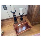 Hand made wooden slatted basket & 2 candles