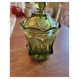 Green coin sugar jar & misc items
