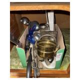 Lot of assorted kitchen utensils and brass footed