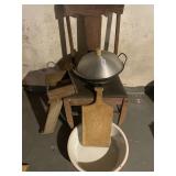 Vintage chair, wooden cutting board & variety lot