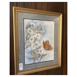 Framed art print of white daisies & butterfly