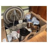 Box of assorted mugs, Grecian serving tray and