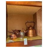 Vintage copper tea kettle, planters and measuring