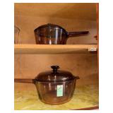 Vintage Corning Visions amber glass lidded pots