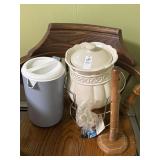 Ceramic drink dispenser on stand, plastic pitcher