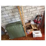 Misc lot - heat lamp, wooden game, yardsticks etc