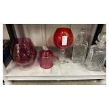 2 Crackle glass Decanters & Red Glassware
