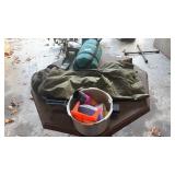 Burlap Sack, Sleeping Bag and Camping Items