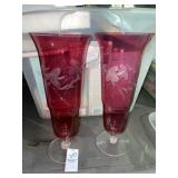2 cranberry red glass footed/fluted trumpet