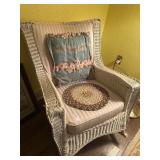 Vintage white wicker rocking chair with padding,