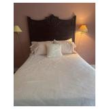 Full size bed with headboard, frame and bedding