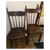 2 vintage wooden chairs one on wheels