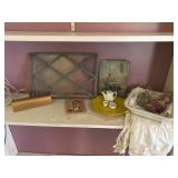Shelf lot of misc - antique diamond window sash