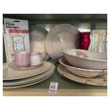Shelf lot of decorative plates, plate hangers and