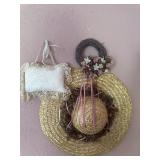 Decorative straw hat, wreath and pillow